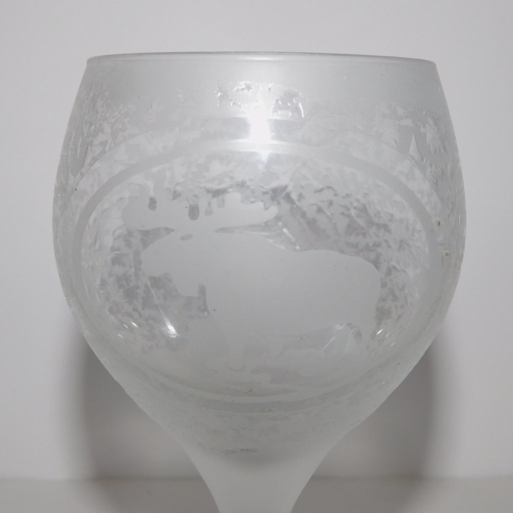 Set of  2 Vintage Etched Moose Wine Glasses 6.5" tall